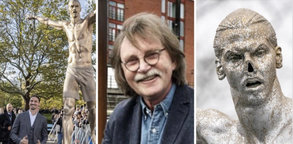 [Translate to English:] Tre foton samlade i en bild. Ett av Zlatan tillsammans med sin staty vid invigningen av den. Ett av Professor Roger Johansson på Lunds universitet. Och ett av Zlatanstatyn efter vandaliseringen, när näsan är borta.